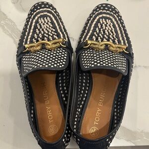 Tory Burch Black and White Loafers with Gold Detail
